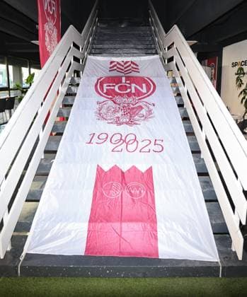 18 03 2025 Soccer 1 FC Nuremberg FCN Club Kick Off event for the 125th anniversary of 1 FC Nuremberg Sportfoto Zink DaMa xdaxmax FCN Flag with club logos for the 125th anniversary