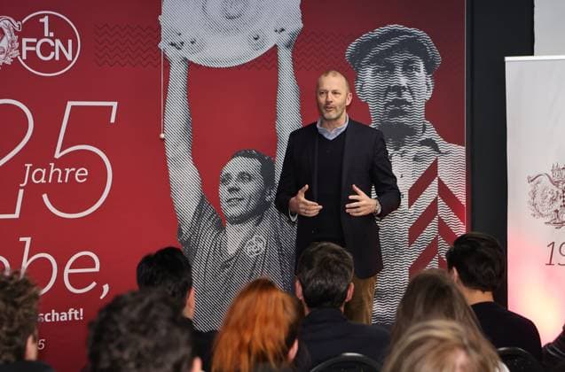 18 03 2025 Soccer 1 FC Nuremberg FCN Club Kick Off event for the 125th anniversary of 1 FC Nuremberg Sportfoto Zink DaMa xdaxmax Niels Rossow Board Member Strategy Marketing 1 FC Nuremberg FCN speaks to guests
