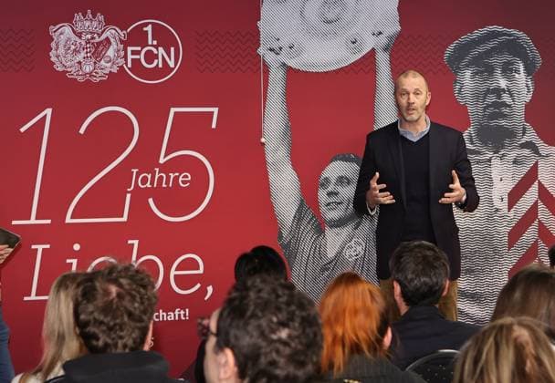 18 03 2025 Soccer 1 FC Nuremberg FCN Club Kick Off event for the 125th anniversary of 1 FC Nuremberg Sportfoto Zink DaMa xdaxmax Niels Rossow Board Member Strategy Marketing 1 FC Nuremberg FCN speaks to guests