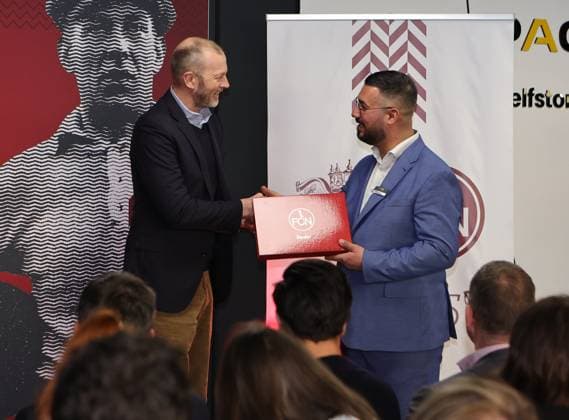 18 03 2025 Soccer 1 FC Nuremberg FCN Club Kick Off event for the 125th anniversary of 1 FC Nuremberg Sportfoto Zink DaMa xdaxmax Niels Rossow Board Member Strategy Marketing 1 FC Nuremberg FCN thanks Volkan Erdin Senior Store Manager Space Plus Self Storage and welcomes guests