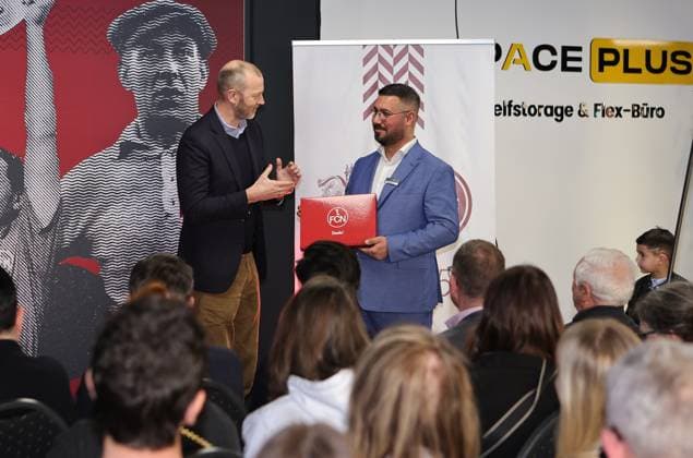18 03 2025 Soccer 1 FC Nuremberg FCN Club Kick Off event for the 125th anniversary of 1 FC Nuremberg Sportfoto Zink DaMa xdaxmax Niels Rossow Board Member Strategy Marketing 1 FC Nuremberg FCN thanks Volkan Erdin Senior Store Manager Space Plus Self Storage and welcomes guests