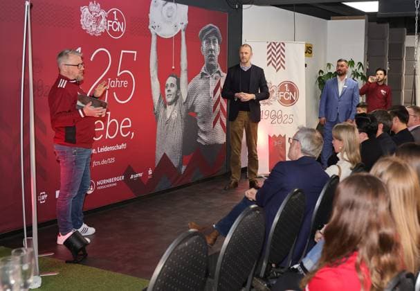 18 03 2025 Soccer 1 FC Nuremberg FCN Club Kick Off event for the 125th anniversary of 1 FC Nuremberg Sportfoto Zink DaMa xdaxmax Daniell Westgate Team 125 Jahre Organistaion 1 FC Nuremberg FCN Niels Rossow Board Member Strategy Marketing 1 FC Nuremberg FCN speaking to guests