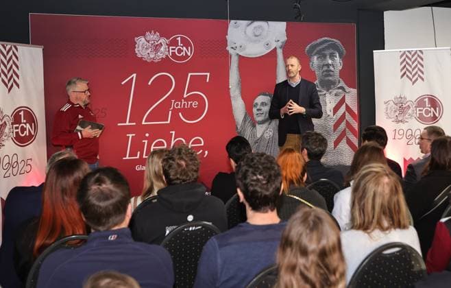 18 03 2025 Soccer 1 FC Nuremberg FCN Club Kick Off event for the 125th anniversary of 1 FC Nuremberg Sportfoto Zink DaMa xdaxmax Daniell Westgate Team 125 Jahre Organistaion 1 FC Nuremberg FCN Niels Rossow Board Member Strategy Marketing 1 FC Nuremberg FCN speaking to guests