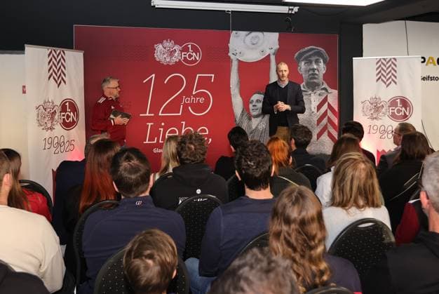 18 03 2025 Soccer 1 FC Nuremberg FCN Club Kick Off event for the 125th anniversary of 1 FC Nuremberg Sportfoto Zink DaMa xdaxmax Daniell Westgate Team 125 Jahre Organistaion 1 FC Nuremberg FCN Niels Rossow Board Member Strategy Marketing 1 FC Nuremberg FCN speaking to guests