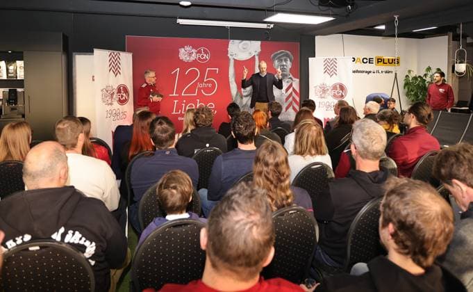 18 03 2025 Soccer 1 FC Nuremberg FCN Club Kick Off event for the 125th anniversary of 1 FC Nuremberg Sportfoto Zink DaMa xdaxmax Daniell Westgate Team 125 Jahre Organistaion 1 FC Nuremberg FCN Niels Rossow Board Member Strategy Marketing 1 FC Nuremberg FCN speaking to guests