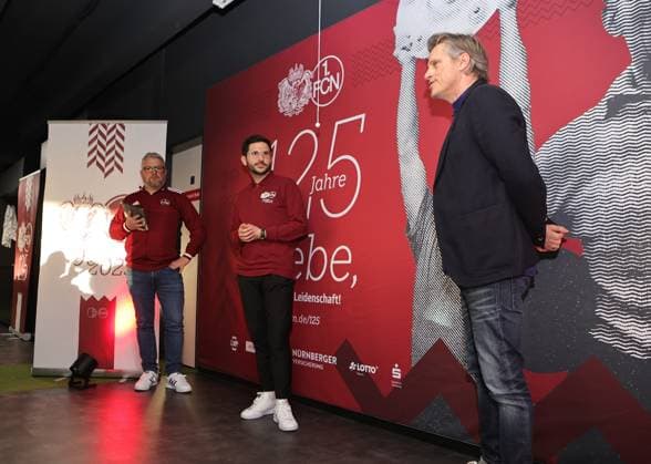18 03 2025 Soccer 1 FC Nuremberg FCN Club Kick Off event for the 125th anniversary of 1 FC Nuremberg Sportfoto Zink DaMa xdaxmax Daniell Westgate Team 125 Jahre Organistaion 1 FC Nuremberg FCN Luca Hocker Merchandising 1 FC Nuremberg FCN Stefan Schmitz Kommunikations Designer 1 FC Nuremberg FCN speak to guests