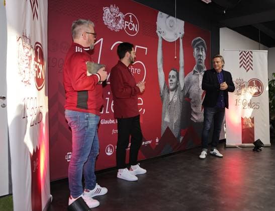 18 03 2025 Soccer 1 FC Nuremberg FCN Club Kick Off event for the 125th anniversary of 1 FC Nuremberg Sportfoto Zink DaMa xdaxmax Daniell Westgate Team 125 Jahre Organistaion 1 FC Nuremberg FCN Luca Hocker Merchandising 1 FC Nuremberg FCN Stefan Schmitz Kommunikations Designer 1 FC Nuremberg FCN speak to guests