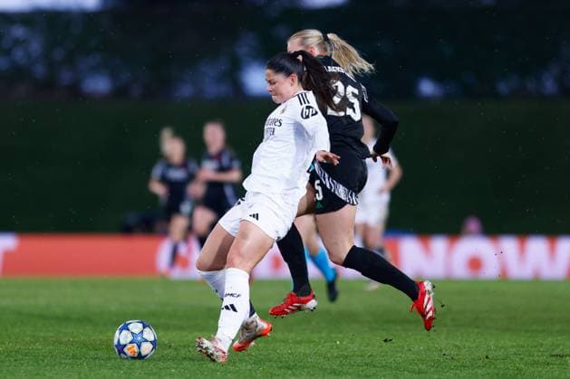 March 18, 2025, Valdebebas, Madrid, SPAIN: Maria Mendez of Real Madrid in action during the UEFA WomenÃ¢â‚¬â ¢s Champions League Quarter Final first leg, football match played between Real Madrid CF and Arsenal FC at Alfredo Di Stefano stadium on March 18, 2025, in Valdebebas, Madrid, Spain. Valdebebas SPAIN - ZUMAa181 20250318_zaa_a181_043 Copyright: xDennisxAgyemanx