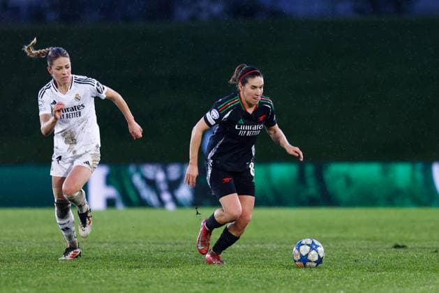 March 18, 2025, Valdebebas, Madrid, SPAIN: Mariona Caldentey of Arsenal FC in action during the UEFA WomenÃ¢â‚¬â ¢s Champions League Quarter Final first leg, football match played between Real Madrid CF and Arsenal FC at Alfredo Di Stefano stadium on March 18, 2025, in Valdebebas, Madrid, Spain. Valdebebas SPAIN - ZUMAa181 20250318_zaa_a181_045 Copyright: xDennisxAgyemanx
