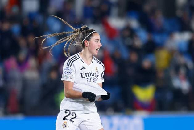 March 18, 2025, Valdebebas, Madrid, SPAIN: Athenea del Castillo of Real Madrid celebrates a goal during the UEFA WomenÃ¢â‚¬â ¢s Champions League Quarter Final first leg, football match played between Real Madrid CF and Arsenal FC at Alfredo Di Stefano stadium on March 18, 2025, in Valdebebas, Madrid, Spain. Valdebebas SPAIN - ZUMAa181 20250318_zaa_a181_099 Copyright: xDennisxAgyemanx