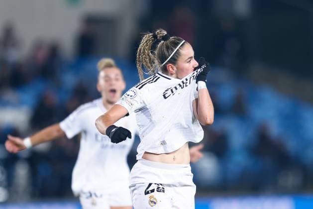 March 18, 2025, Valdebebas, Madrid, SPAIN: Athenea del Castillo of Real Madrid celebrates a goal during the UEFA WomenÃ¢â‚¬â ¢s Champions League Quarter Final first leg, football match played between Real Madrid CF and Arsenal FC at Alfredo Di Stefano stadium on March 18, 2025, in Valdebebas, Madrid, Spain. Valdebebas SPAIN - ZUMAa181 20250318_zaa_a181_108 Copyright: xDennisxAgyemanx