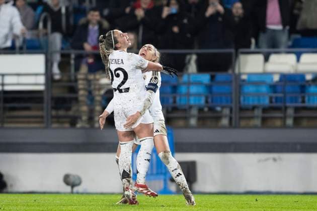 UEFA Women s Champions League - Real Madrid vs Arsenal MADRID, SPAIN -March 18:Athenea del Castillo of Real Madrid and Olga Carmona of Real Madrid celebrates a goal during the UEFA Women s Champions League Quarter Finals First Leg match between Real Madrid and Arsenal at Alfredo Di Stefano stadium in Madrid. (Photo by Guillermo Martinez) Madrid Alfredo Di Stefano Stadium Spain Copyright: xGuillermoxMartinezx