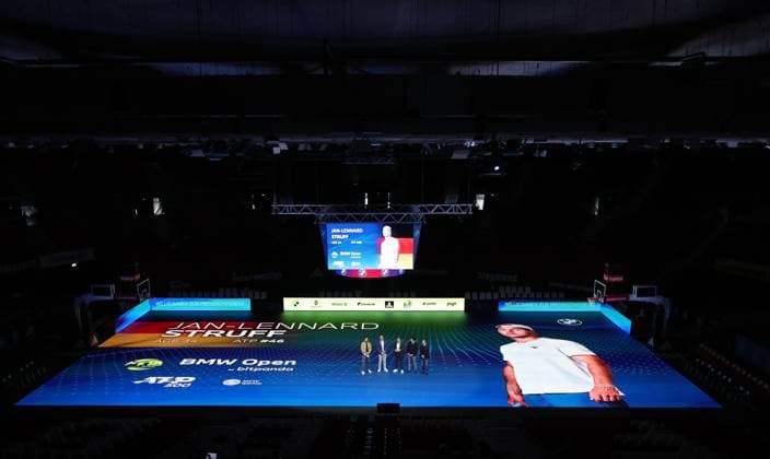 18 03 2025, ATP, BMW Open Presentation, Tennis, Sport, in the picture Christian Ach, Patrick Kuehnen, Fabian Tross and Christian Okon, presenting the field of players, here Jan Lennard Struff GER