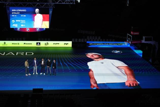 18 03 2025, ATP, BMW Open Presentation, Tennis, Sport, in the picture Christian Ach, Patrick Kuehnen, Fabian Tross and Christian Okon, presenting the field of players, here Jan Lennard Struff GER