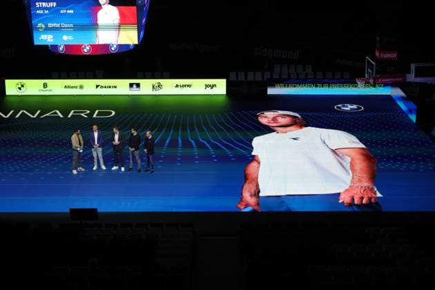 18 03 2025, ATP, BMW Open Presentation, Tennis, Sport, in the picture Christian Ach, Patrick Kuehnen, Fabian Tross and Christian Okon, presenting the field of players, here Jan Lennard Struff GER