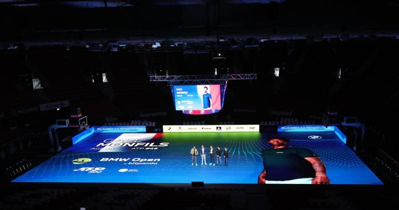 18 03 2025, ATP, BMW Open Presentation, Tennis, Sport, in the picture Christian Ach, Patrick Kuehnen, Fabian Tross and Christian Okon, presenting the field of players, here Gael Monfils FRA