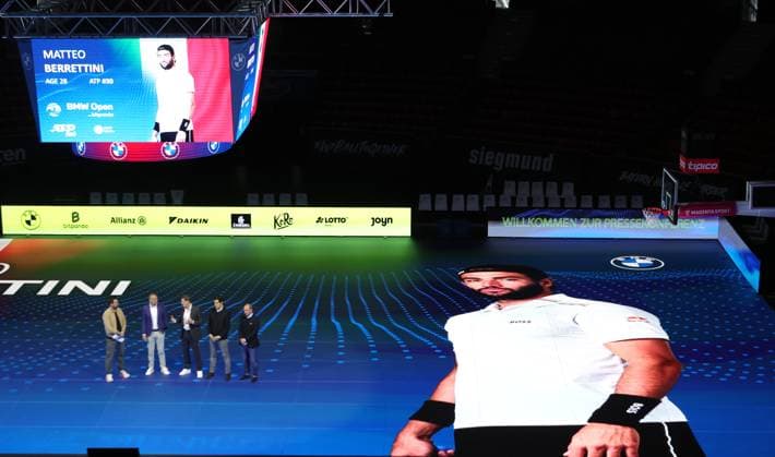 18 03 2025, ATP, BMW Open Presentation, Tennis, Sport, in the picture Christian Ach, Patrick Kuehnen, Fabian Tross and Christian Okon, presenting the field of players, here Matteo Berrettini ITA