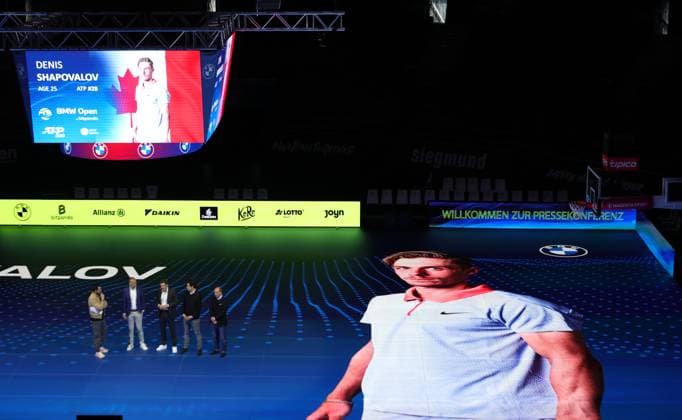 18 03 2025, ATP, BMW Open Presentation, Tennis, Sport, in the picture Christian Ach, Patrick Kuehnen, Fabian Tross and Christian Okon, presenting the field of players, here Denis Shapovalov CAN