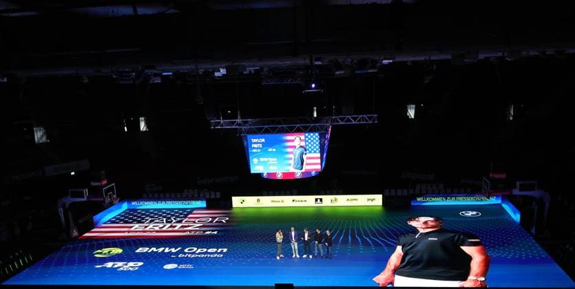 18 03 2025, ATP, BMW Open Presentation, Tennis, Sport, in the picture Christian Ach, Patrick Kuehnen, Fabian Tross and Christian Okon, presenting the field of players, here Taylor Fritz USA