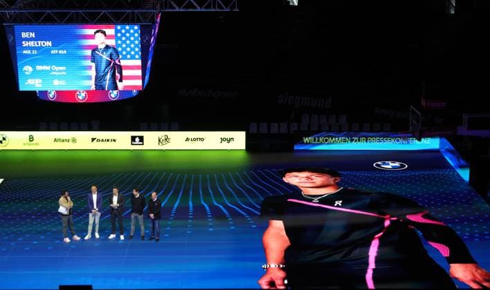18 03 2025, ATP, BMW Open Presentation, Tennis, Sport, in the picture Christian Ach, Patrick Kuehnen, Fabian Tross and Christian Okon, presenting the field of players, here Ben Shelton USA