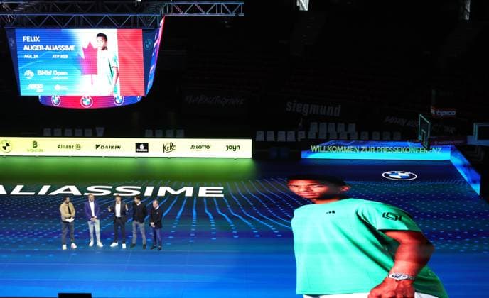 18 03 2025, ATP, BMW Open Presentation, Tennis, Sport, in the picture Christian Ach, Patrick Kuehnen, Fabian Tross and Christian Okon, presenting the field of players, here Felix Aliassime CAN