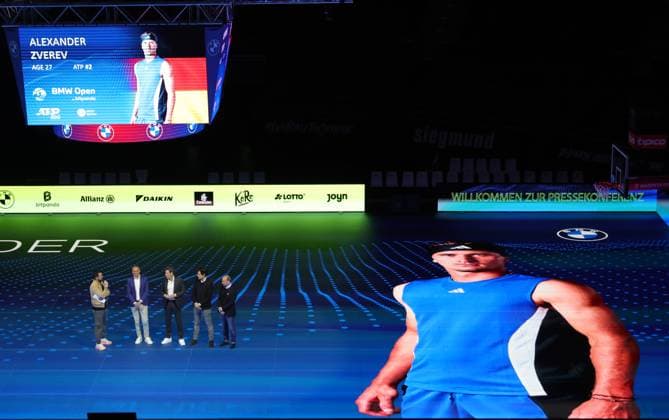 18 03 2025, ATP, BMW Open Presentation, Tennis, Sport, in the picture Christian Ach, Patrick Kuehnen, Fabian Tross and Christian Okon, presenting the field of players, here Alexander Zverev GER