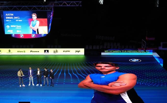 18 03 2025, ATP, BMW Open Presentation, Tennis, Sport, in the picture Christian Ach, Patrick Kuehnen, Fabian Tross and Christian Okon, presenting the field of players, here Justin Engel GER