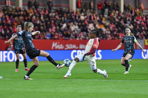 Linda Sembrant 2 Bayern and Melchie Dumornay 6 Olympique Lyonnais in action at the UEFA Womens Champions League match FC Bayern Munich Olympique Lyon on 18 03 2025 Munich FC Bayern Campus Bayern Germany