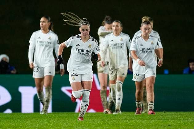 March 18, 2025, Valdebebas, Madrid, SPAIN: Athenea del Castillo of Real Madrid celebrates a goal during the UEFA WomenÃ¢â‚¬â ¢s Champions League Quarter Final first leg, football match played between Real Madrid CF and Arsenal FC at Alfredo Di Stefano stadium on March 18, 2025, in Valdebebas, Madrid, Spain. Valdebebas SPAIN - ZUMAa181 20250318_zaa_a181_116 Copyright: xOscarxJ.xBarrosox