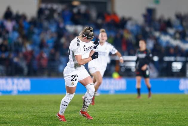 March 18, 2025, Valdebebas, Madrid, SPAIN: Athenea del Castillo of Real Madrid celebrates a goal during the UEFA WomenÃ¢â‚¬â ¢s Champions League Quarter Final first leg, football match played between Real Madrid CF and Arsenal FC at Alfredo Di Stefano stadium on March 18, 2025, in Valdebebas, Madrid, Spain. Valdebebas SPAIN - ZUMAa181 20250318_zaa_a181_103 Copyright: xDennisxAgyemanx