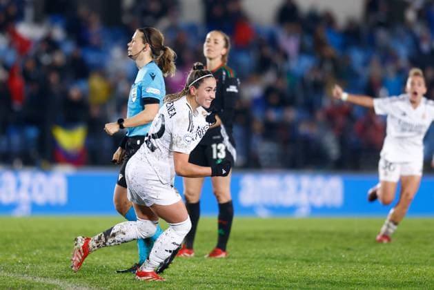 March 18, 2025, Valdebebas, Madrid, SPAIN: Athenea del Castillo of Real Madrid celebrates a goal during the UEFA WomenÃ¢â‚¬â ¢s Champions League Quarter Final first leg, football match played between Real Madrid CF and Arsenal FC at Alfredo Di Stefano stadium on March 18, 2025, in Valdebebas, Madrid, Spain. Valdebebas SPAIN - ZUMAa181 20250318_zaa_a181_105 Copyright: xDennisxAgyemanx