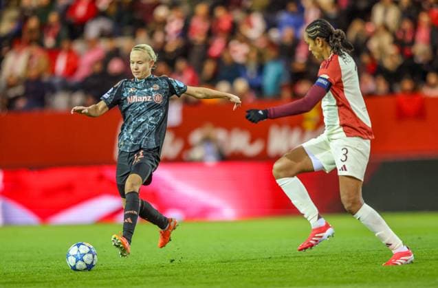 GER, Munich, FC Bayern Munich vs Olympique Lyon, WomenÂs Champions League, Football, UEFA, Season 2024 2025, FC Bayern Campus, Quarterfinals, pictured from l Pernille Harder FC Bayern Munich Women 21 , Wendie Renard Olympique Lyon 3 DFB DFL REGULATIONS PROHIBIT ANY USE OF PHOTOGRAPHS AS IMAGE SEQUENCES AND OR QUASI VIDEO, 18 03 2024, Copyright: HMBxMedia HendrikxHamelau