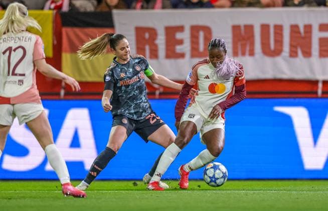 GER, Munich, FC Bayern Munich vs Olympique Lyon, WomenÂs Champions League, Football, UEFA, Season 2024 2025, FC Bayern Campus, Quarterfinals, pictured v l DFB DFL REGULATIONS PROHIBIT ANY USE OF PHOTOGRAPHS AS IMAGE SEQUENCES AND OR QUASI VIDEO, 18 03 2024, Copyright: HMBxMedia HendrikxHamelau