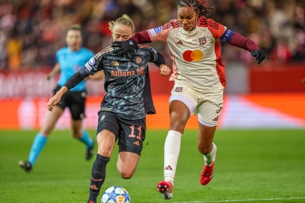 GER, Munich, FC Bayern Munich vs Olympique Lyon, WomenÂs Champions League, Football, UEFA, Season 2024 2025, FC Bayern Campus, Quarterfinals, pictured from l Lea Schüller FC Bayern Munich Women 11 , Wendie Renard Olympique Lyon 3 DFB DFL REGULATIONS PROHIBIT ANY USE OF PHOTOGRAPHS AS IMAGE SEQUENCES AND OR QUASI VIDEO, 18 03 2024, Copyright: HMBxMedia HendrikxHamelau