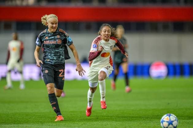 GER, Munich, FC Bayern Munich vs Olympique Lyon, WomenÂs Champions League, Football, UEFA, Season 2024 2025, FC Bayern Campus, Quarterfinals, pictured from l Pernille Harder FC Bayern Munich Women 21 , Selma Bacha Olympique Lyon 4 DFB DFL REGULATIONS PROHIBIT ANY USE OF PHOTOGRAPHS AS IMAGE SEQUENCES AND OR QUASI VIDEO, 18 03 2024, Copyright: HMBxMedia HendrikxHamelau