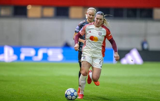 GER, Munich, FC Bayern Munich vs Olympique Lyon, WomenÂs Champions League, Football, UEFA, Season 2024 2025, FC Bayern Campus, Quarterfinals, pictured from l Pernille Harder FC Bayern Munich Women 21 , Vanessa Gilles Olympique Lyon 21 DFB DFL REGULATIONS PROHIBIT ANY USE OF PHOTOGRAPHS AS IMAGE SEQUENCES AND OR QUASI VIDEO, 18 03 2024, Copyright: HMBxMedia HendrikxHamelau