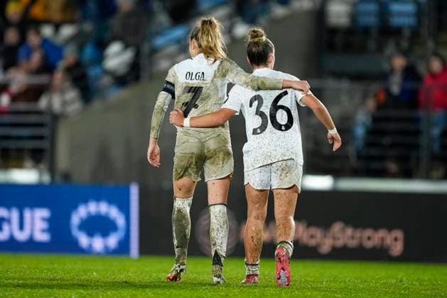 March 18, 2025, Valdebebas, Madrid, SPAIN: Olga Carmona of Real Madrid and Irune Dorado of Real Madrid celebrate the victory during the UEFA WomenÃ¢â‚¬â ¢s Champions League Quarter Final first leg, football match played between Real Madrid CF and Arsenal FC at Alfredo Di Stefano stadium on March 18, 2025, in Valdebebas, Madrid, Spain. Valdebebas SPAIN - ZUMAa181 20250318_zaa_a181_123 Copyright: xOscarxJ.xBarrosox