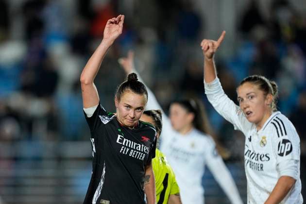 March 18, 2025, Valdebebas, Madrid, SPAIN: Caitlin Foord of Arsenal FC gestures during the UEFA WomenÃ¢â‚¬â ¢s Champions League Quarter Final first leg, football match played between Real Madrid CF and Arsenal FC at Alfredo Di Stefano stadium on March 18, 2025, in Valdebebas, Madrid, Spain. Valdebebas SPAIN - ZUMAa181 20250318_zaa_a181_124 Copyright: xOscarxJ.xBarrosox