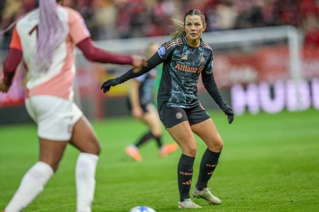 GER, Munich, FC Bayern Munich vs Olympique Lyon, WomenÂs Champions League, Football, UEFA, Season 2024 2025, FC Bayern Campus, Quarterfinals, pictured Tuva Hansen FC Bayern Munich Women 6 DFB DFL REGULATIONS PROHIBIT ANY USE OF PHOTOGRAPHS AS IMAGE SEQUENCES AND OR QUASI VIDEO, 18 03 2024, Copyright: HMBxMedia HendrikxHamelau