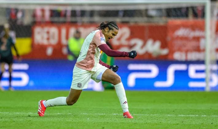 GER, Munich, FC Bayern Munich vs Olympique Lyon, WomenÂs Champions League, Football, UEFA, Season 2024 2025, FC Bayern Campus, Quarterfinals, in the picture Melchie Dumornay Olympique Lyon 6 scores the 2 0 for Olympique Lyon against Bayern Munich, Wendie Renard Olympique Lyon 3 cheers DFB DFL REGULATIONS PROHIBIT ANY USE OF PHOTOGRAPHS AS IMAGE SEQUENCES AND OR QUASI VIDEO, 18 03 2024, Copyright: HMBxMedia HendrikxHamelau