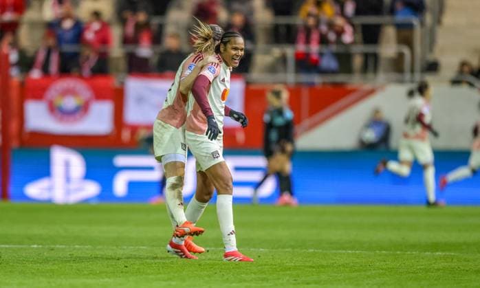 GER, Munich, FC Bayern Munich vs Olympique Lyon, WomenÂs Champions League, Football, UEFA, Season 2024 2025, FC Bayern Campus, Quarterfinals, in the picture Melchie Dumornay Olympique Lyon 6 scores the 2 0 for Olympique Lyon against Bayern Munich, Wendie Renard Olympique Lyon 3 cheers DFB DFL REGULATIONS PROHIBIT ANY USE OF PHOTOGRAPHS AS IMAGE SEQUENCES AND OR QUASI VIDEO, 18 03 2024, Copyright: HMBxMedia HendrikxHamelau