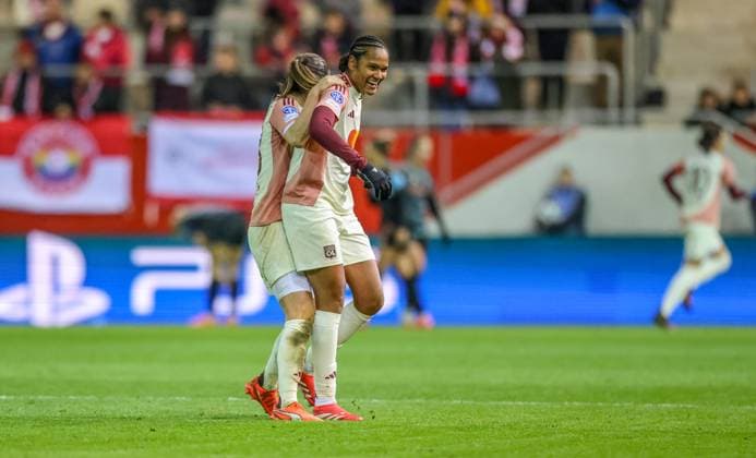 GER, Munich, FC Bayern Munich vs Olympique Lyon, WomenÂs Champions League, Football, UEFA, Season 2024 2025, FC Bayern Campus, Quarterfinals, in the picture Melchie Dumornay Olympique Lyon 6 scores the 2 0 for Olympique Lyon against Bayern Munich, Wendie Renard Olympique Lyon 3 cheers DFB DFL REGULATIONS PROHIBIT ANY USE OF PHOTOGRAPHS AS IMAGE SEQUENCES AND OR QUASI VIDEO, 18 03 2024, Copyright: HMBxMedia HendrikxHamelau