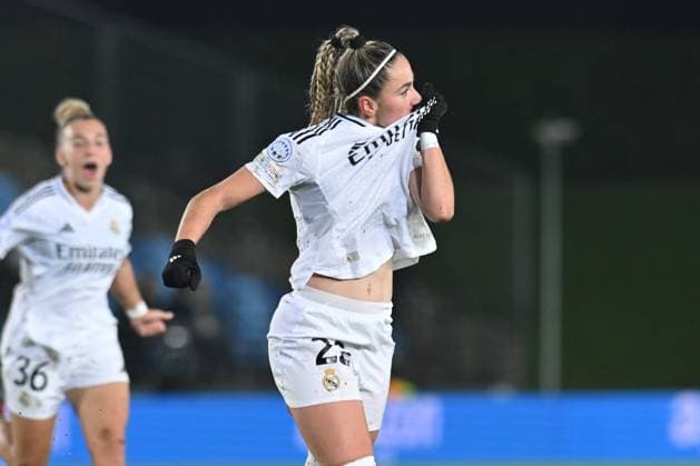 March 18, 2025, Valdebebas, Madrid, Spain: 22 ATHENEA DEL CASTILLO celebrating her goal during the UEFA Women s Champions League match between Real Madrid and Arsenal Women Football Club at Alfredo Di Stefano stadium in Madrid, Spain, on march 18. Valdebebas Spain - ZUMAc312 20250318_zsp_c312_001 Copyright: xOscarxManuelxSanchezx