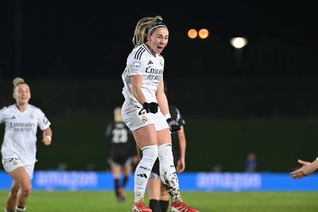 March 18, 2025, Valdebebas, Madrid, Spain: 22 ATHENEA DEL CASTILLO celebrating her goal during the UEFA Women s Champions League match between Real Madrid and Arsenal Women Football Club at Alfredo Di Stefano stadium in Madrid, Spain, on march 18. Valdebebas Spain - ZUMAc312 20250318_zsp_c312_010 Copyright: xOscarxManuelxSanchezx