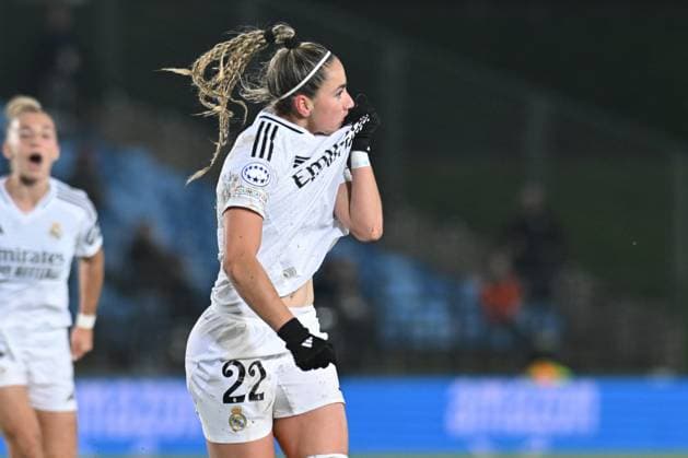 March 18, 2025, Valdebebas, Madrid, Spain: 22 ATHENEA DEL CASTILLO celebrating her goal during the UEFA Women s Champions League match between Real Madrid and Arsenal Women Football Club at Alfredo Di Stefano stadium in Madrid, Spain, on march 18. Valdebebas Spain - ZUMAc312 20250318_zsp_c312_012 Copyright: xOscarxManuelxSanchezx