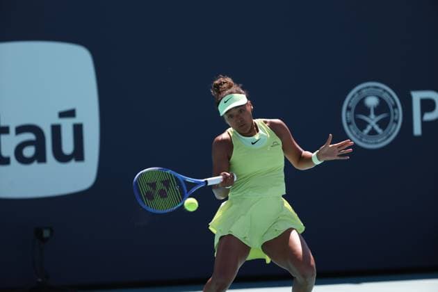 March 18, 2025, Miami Gardens, Florida, United States Of America: MIAMI GARDENS, FLORIDA - MARCH 18: Naomi Osaka of Japan defeats Yuliia Starodubtseva of the Ukraine during their match on Day 1 of the Miami Open at Hard Rock Stadium on March 18, 2025 in Miami Gardens, Florida. ...People: Naomi Osaka Miami Gardens United States Of America - ZUMAs214 20250318_ada_s214_037 Copyright: xSMGx