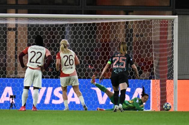 Womens soccer GROHS Maria Luisa saves HEAPS Lindseys penalty kick during the UEFA Womens Champions League match between FC Bayern Munich and Olympique Lyonnais on 18 03 2025, Germany, Bayern Munich FC Bayern Campus Bayern Germany