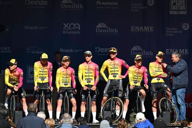 Danilith Nokere Koerse 2025 cycling race NOKERE, BELGIUM - MARCH 19 : team Tarteletto - Isorex during the Men Elite UCI 1.Pro 78th Danilith Nokere Koerse cycling race with start in Deinze and finish in Nokere (188,2 km) on March 19, 2025 in Nokere, Belgium, 19 03 2025 ( Motordriver Rodrique Verfaillie & Nokere Belgium  Copyright: xTomasxSiskx