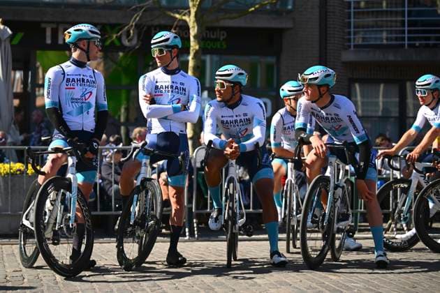 Danilith Nokere Koerse 2025 cycling race NOKERE, BELGIUM - MARCH 19 : riders of Bahrain - Victorious during the Men Elite UCI 1.Pro 78th Danilith Nokere Koerse cycling race with start in Deinze and finish in Nokere (188,2 km) on March 19, 2025 in Nokere, Belgium, 19 03 2025 ( Motordriver Rodrique Verfaillie & Nokere Belgium  Copyright: xTomasxSiskx