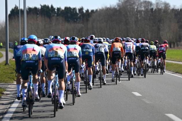 Danilith Nokere Koerse 2025 cycling race NOKERE, BELGIUM - MARCH 19 : illustration picture peloton during the Men Elite UCI 1.Pro 78th Danilith Nokere Koerse cycling race with start in Deinze and finish in Nokere (188,2 km) on March 19, 2025 in Nokere, Belgium, 19 03 2025 ( Motordriver Rodrique Verfaillie & Nokere Belgium  Copyright: xTomasxSiskx